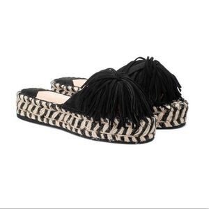 J Slides Black Pom Pom Ruby Leather Espadrille Sandal Size 7.5
